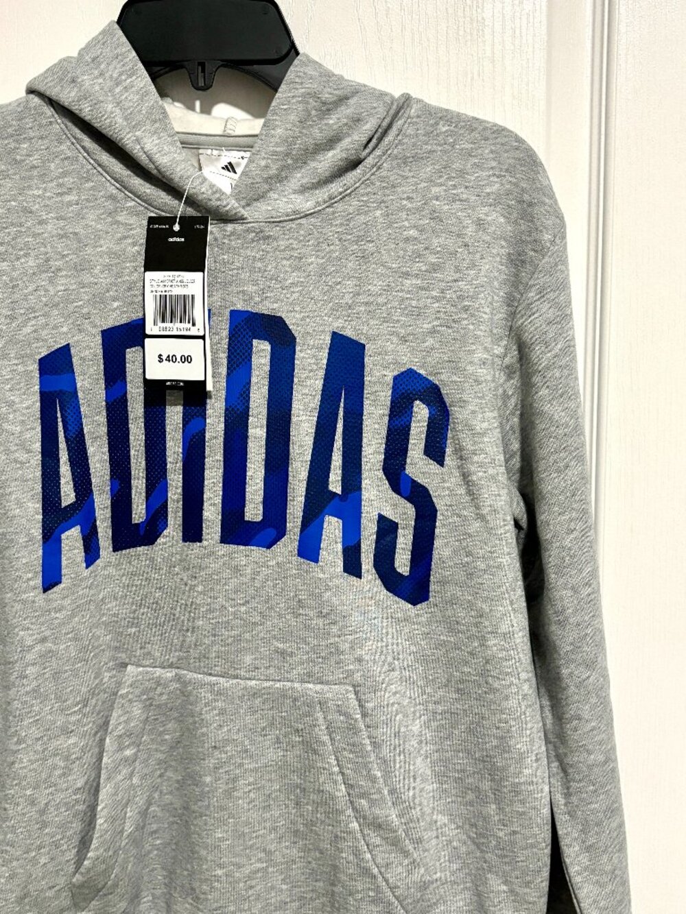 adidas Boys Big Kids Gray Blue Long Sleeve Fleece Pullover Hoodie Sweatshirt, L